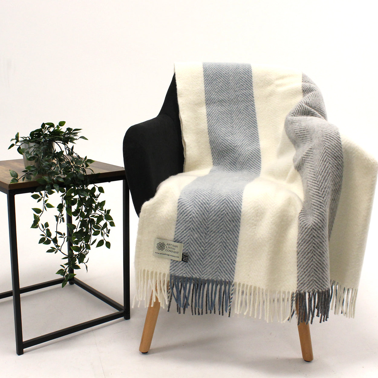 Wide Stripe Pure New Wool Throw -  Petrol & Blue Slate