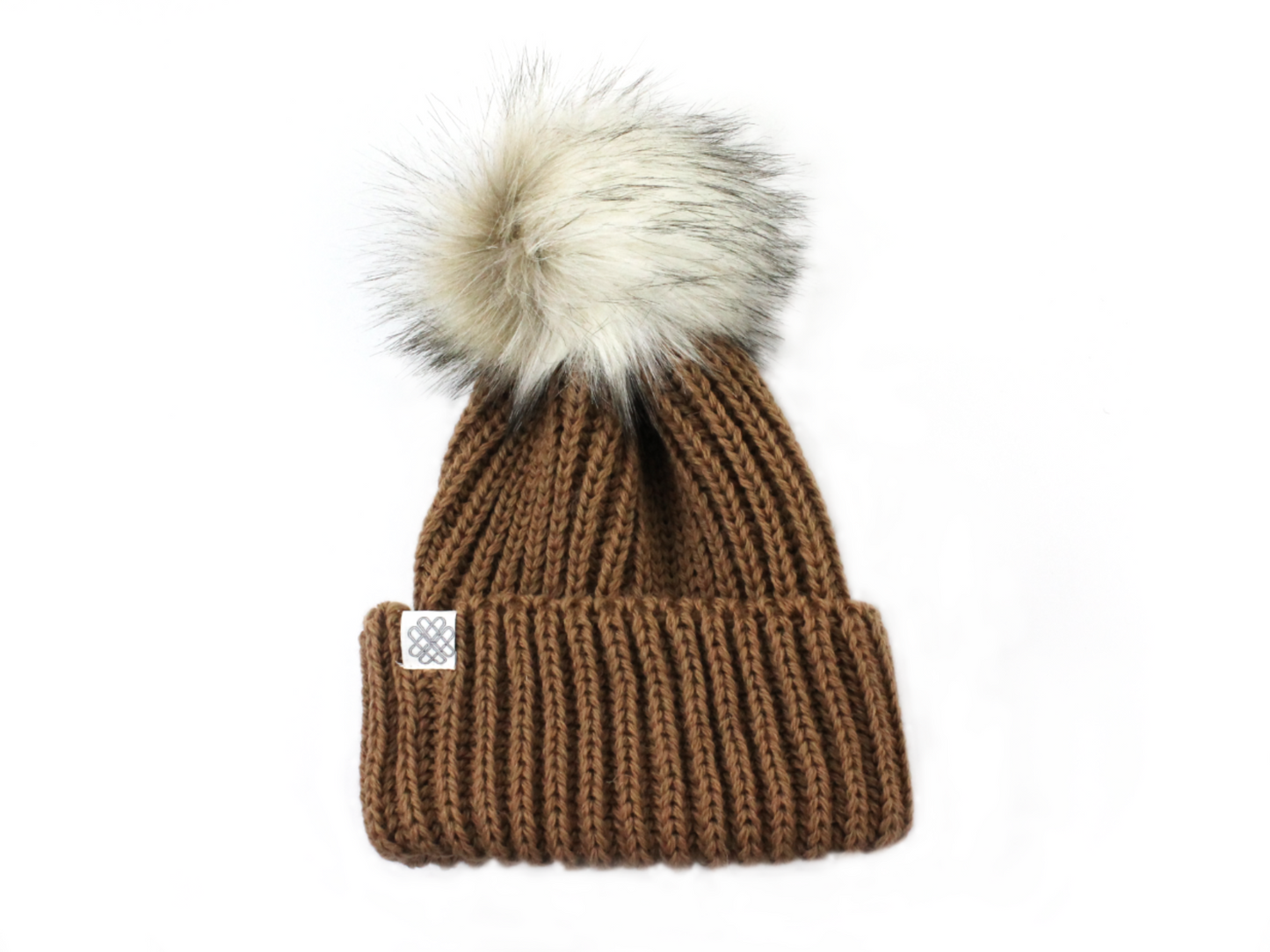 Faux Fur Pom Pom Wool Bobble Hat - Camel Brown