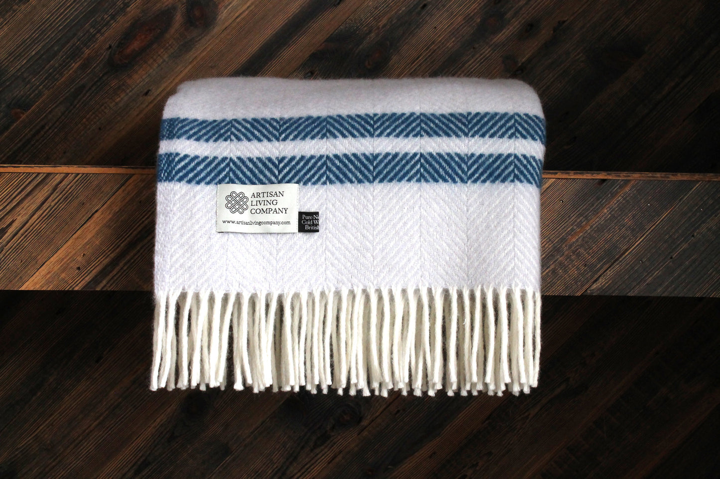 Fishbone Two Stripe Pure New Wool Throw - Glacier & Ink Blue