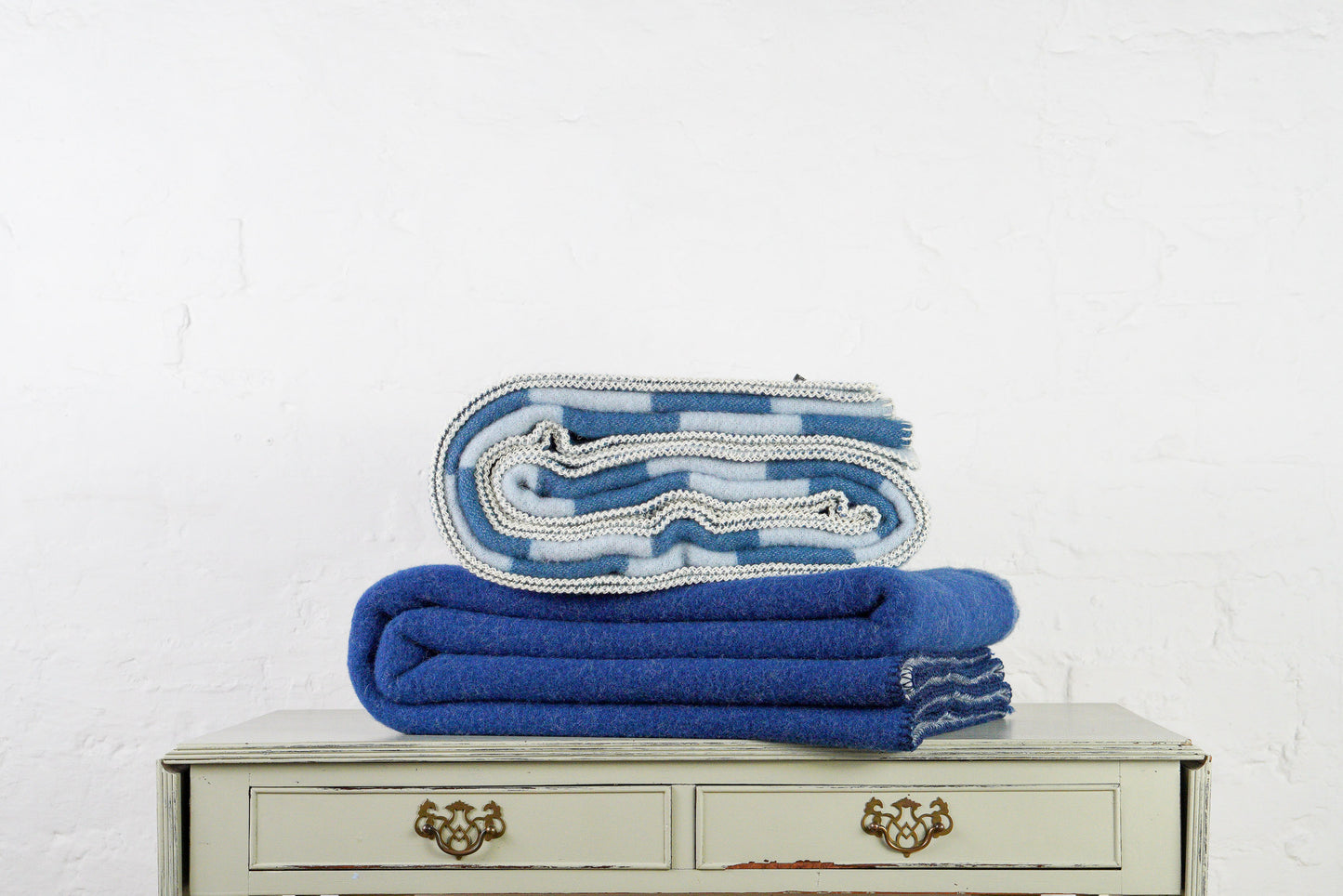 Extra Large Plain Reversible Pure New Wool Throw - Navy Blue & Cream