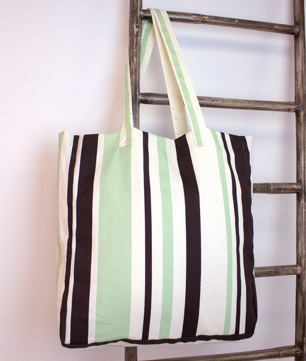 Striped Cotton Shopper Bag - Mint & Chocolate